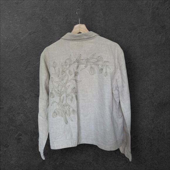J. Jill Women's Linen Floral Embroidered trucker Jacket L Beige Cream Feminine - Picture 2 of 10